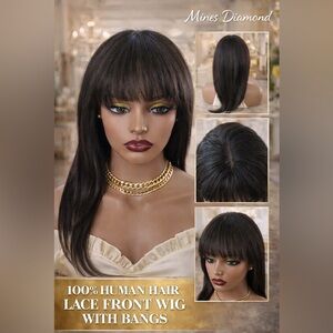 Mines Diamond 100% Human Hair Lace Front Wig with Bangs - Dark Brown